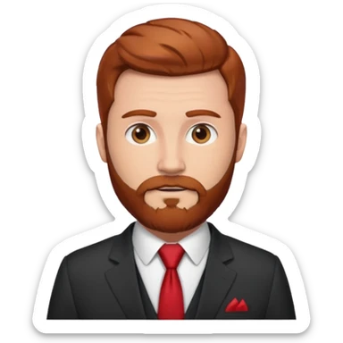 ["Fair-skinned man with reddish-brown hair and a full beard, wearing a suit and red tie."] sticker
