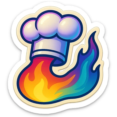 chef's hat with a trail of fire emoji, playful, synthwave colors, vibrant, matching style reference file
 sticker