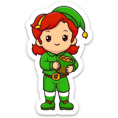 girl with red hair and brown eyes with a leprechaun sticker