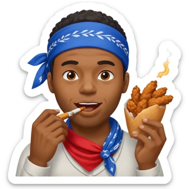 black man eating fried chicken with blue bandana and cigarette in teeth sticker