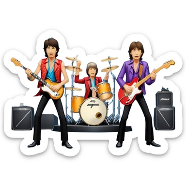 Icon for Rock Music: The Rolling Stones live on stage with Mick Jagger performing vocals, Keith Richards playing guitar, and Charlie Watts on drums. Iconic stage lights, electric guitars, and energetic crowd. Transparent background. sticker