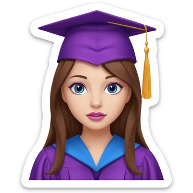 girl with gorgeous long brown hair, blue eyes, long lashes makeup, sexy pink lips, wearing a purple graduation cap and gown sticker