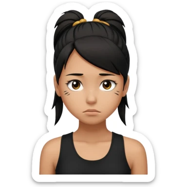 a tan girl with a black ponytail, black tank top, . Looking sad sticker