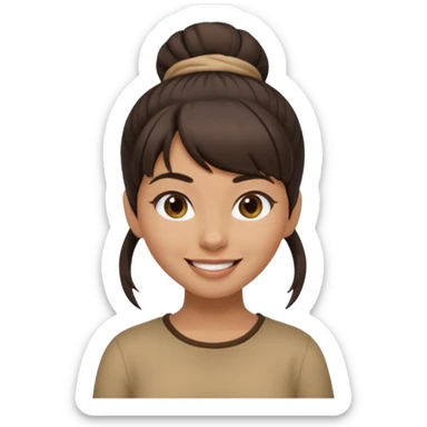 In Apple Memoji format, a girl with dark brown hair. She has bangs and her hair is in a singular high bun. The girl is arab and has light brown skin. She is wearing a brown shirt. She is smiling but is not showing her teeth.  sticker