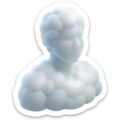 person made entirely of white fluffy convex clouds, shoulder up, front view, matte glass style, no background sticker