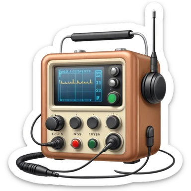 A photorealistic icon featuring a ham radio transceiver, headphones, microphone, antenna, and radio equipment like soldering tools and cables. The design includes detailed textures and realistic lighting, symbolizing the passion for amateur radio and communication. Transparent background. sticker