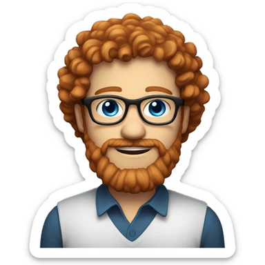 35 year old, male, curly red hair, pale, thick beard, blue eyes, white glasses, black shirt sticker