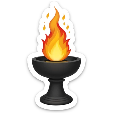 A minimalist stone pedestal with a tall rectangular base and a shallow black bowl on top, designed as a modern torch or brazier. Bright flames rise from the bowl sticker