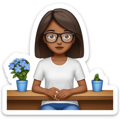 Créame una chica morena de pelo más o menos por los hombros con granitos en la cara y unas gafas negras, que esté sentado en una silla de bar con una camisa blanca con florecitas azules sticker