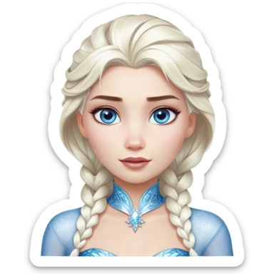 Cinematic Realistic Elsa Portrait, depicted with lifelike skin texture, soft natural lighting, and intricately detailed platinum blonde hair styled elegantly. Her striking, expressive blue eyes exude confidence and grace, complemented by a serene and regal expression. She is dressed in her signature icy attire, with shimmering fabric textures and delicate folds that catch the light beautifully. The portrait features a soft, enchanting glow with a cool, radiant finish, capturing the essence of timeless elegance in a realistic and painterly style, evoking a sense of depth and authenticity. sticker