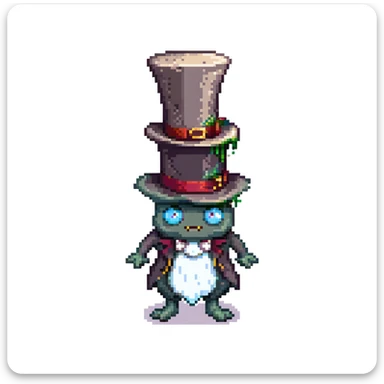 A whimsical, cartoonish 'goop' creature wearing a Victorian gentleman's black top hat, melting slightly over the brim, with expressive eyes peeking out. The background is a muted 19th-century study with warm lighting and leather books. sticker