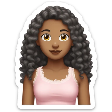 make a teenage girl emoji, mixed race, tan girl, dark grey almost black eye colour, long hair dark brown curls. Wearing a lace trim baby pink tank top with a small bow on shirt. One girl sticker
