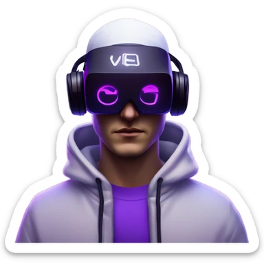 Russian man wearing a black hoodie with "OMG" letters on it and VR headset in a cyberpunk VR environment with violet neon lighting. sticker