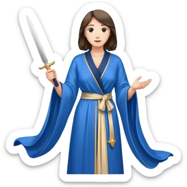 An upright Europe (a tall woman), wearing a blue, flowing robe with stars on the hem, and behind her stands Chancellor Merz, holding a knife toward her back sticker