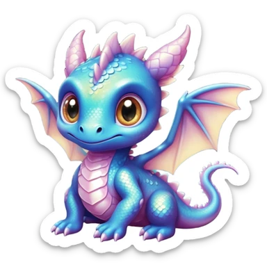 Airbrush painted image of an adorable little baby dragon with large glistening eyes under a deep galactic sky with pearlescent scales and wings spread against the stars sticker