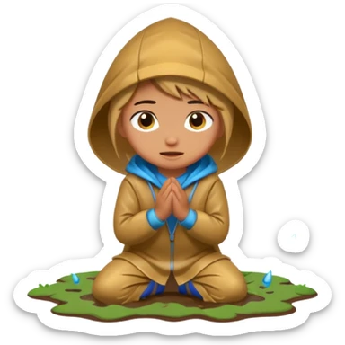 Character kneeling as rain hits the ground, one drop splashing exaggerated sticker