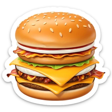 bacon burger object icon, crispy bacon strips, beef patty, melted cheese, sesame bun, 3D cartoon, mobile game icon style, clean background, no text, no watermark
 sticker