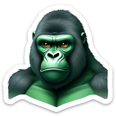 Create an emoji of a gorilla’s face with a determined and fierce expression. Use different shades of green for the entire design, matching the green color palette . The design should be bold and eye-catching sticker
