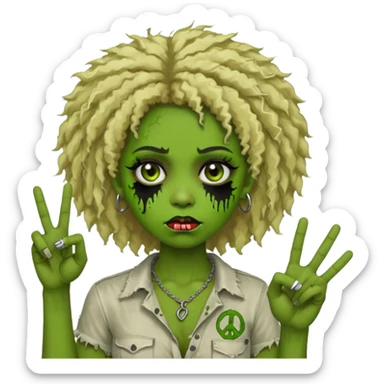 girl, green zombie,blonde afro, medium long, shaggy, dark, spooky,double eyebrow dermal piercing,peace sign sticker
