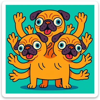 fun and creative surreal pug with three heads, each head sprouting three arms, and a tiny divot in every ear sticker