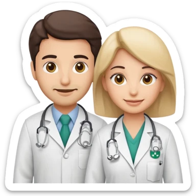 A cute cartoon-style emoji of a Saudi male and female doctors wearing white lab coats with the Alfarabi Medical Laboratories logo. Friendly smiles, soft colors, and simple features, suitable for medical branding and social media. sticker