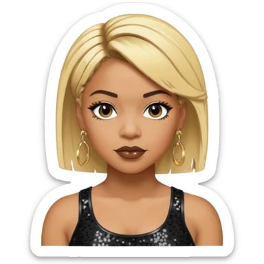 T Boz from TLC with short blonde hair, black sequin crop top, black earring sticker