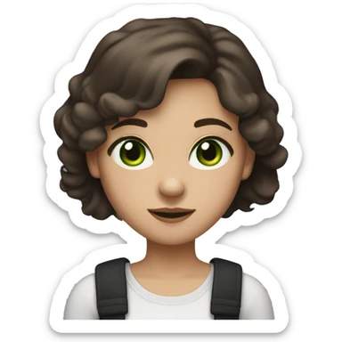 A girl with medium-length brown hair, green eyes, a slight smile, wearing small silver hoop earrings. Dressed predominantly in dark clothing, especially black. Exudes a calm and friendly vibe. sticker