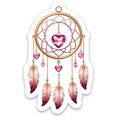 Reddish-pinkish and gold and white warm-colored romantic lush beautiful pretty hanging crystal-catcher aesthetic with hearts and sparkles and feathers sticker