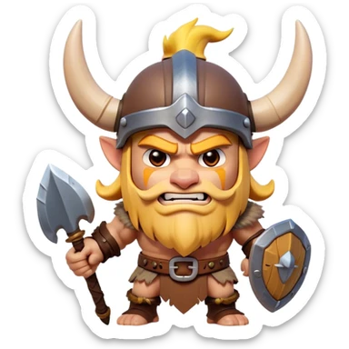 Clash of Clans style: Cinematic Fierce Barbarian Portrait Emoji, Poised and bold with a rugged, cartoonish build in tattered furs and a whimsical horned helmet, bright expressive eyes and a confident smirk, Simplified yet dynamic features, highly detailed, glowing with a vivid, adventurous aura, high shine, heroic and spirited, stylized with an air of medieval warrior charm, focused and energetic, soft glowing outline, capturing the essence of a fearless barbarian adventurer ready to lead his clan with spirited valor! sticker