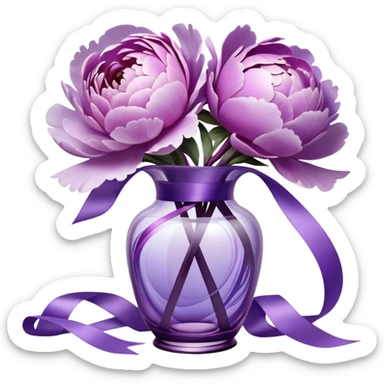 "Abstract peonies in shades of light purple and lavender, blending like soft brushstrokes. A glowing purple glass vase with surreal reflections, wrapped in a weightless, swirling satin ribbon."
 sticker