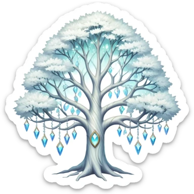 Spiritual magical ethereal white tree with crystals hanging in it sticker
