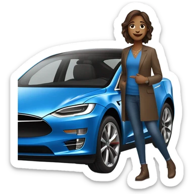  Happy brown haired woman getting a new blue Tesla  sticker
