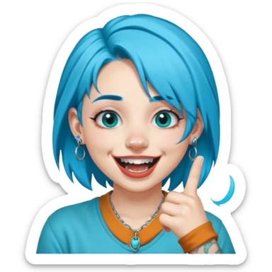 Cyan blue haired girl with double nose piercing septum piercing laughing in a menancing way and holding up middle finger  sticker