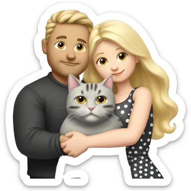 3 objects - a beautiful blonde with long hair and a polka-dotted dress, a bald handsome man in a cap and a rock T-shirt, and a fat gray cat with black spots. The man hugs the blonde and holds the cat in his hands sticker