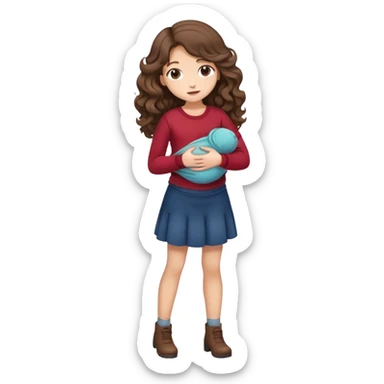 Girl with curled brown long length hair with stomach ache full body and clothes sticker
