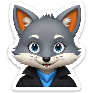 Grey anthropomorphic furry fox with a black coat, blue eyes, and a small fringe of black hair, smiling sticker
