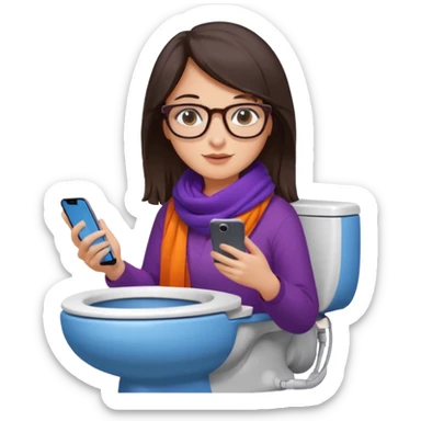 Fille châtain foncé avec lunettes. Elle porte une grosse écharpe violette, bleu et orange. Elle est dans une cuvette de toilette. Téléphone en main. Realiste sticker