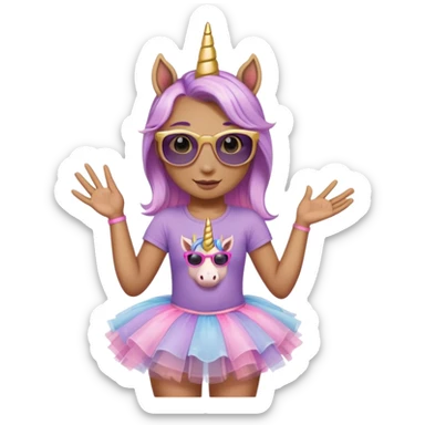 head and shoulders portrait of a friendly anthropomorphised female unicorn in tutu and pink t-shirt, wearing dark sunglasses, lavender and gold color scheme sticker