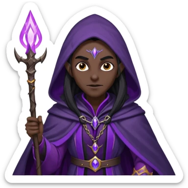 {
      "type": "human",
      "look": "dark elf wizard, black cloak, purple energy around staff",
      "description": "a dark elf wizard in a black cloak channeling purple energy around their staff"
    } sticker