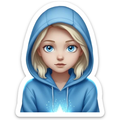 Cinematic girl with large sparkling blue eyes wearing a hoodie sitting, Ultra realistic 32k HD, hauntingly beautiful, Balanced features, highly detailed, glowing, high shine, enchanting, ghostly, dreamy glow, complex pose. The image is so lifelike it could leap off the canvas at any moment sticker