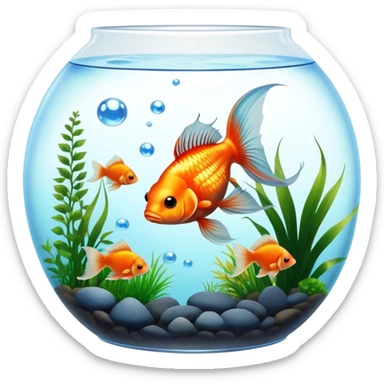 Large aquarium fish like veil tails and lionhead goldfish swimming gracefully in a beautifully decorated aquarium. Colorful aquatic plants, smooth rocks, and gentle bubbles surround the fish. The water shimmers in sunlight, creating a peaceful and vibrant underwater scene. Transparent background. sticker