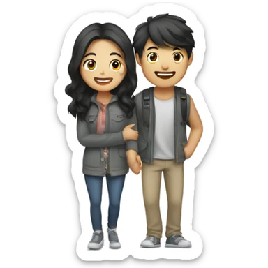 Cute Asian couple (girl with wavy long hair guy with short straight hair) excitedly traveling  sticker