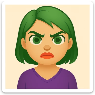 Create an emoji style image of a girl with green hair, angry expression, green eyes, and lipstick blended with coral and orange. sticker