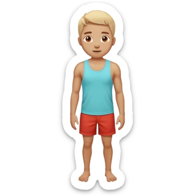 Emoji-style person standing in beach shorts, skin visibly sunburned and red on arms, legs, and face, but chest and shoulders clearly lighter with tank top tan lines. Expression shows mild pain or discomfort, cute rounded emoji design, soft 3D shading, vibrant colors sticker