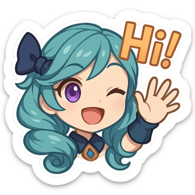 Gwen from League of Legends, chibi emote style, only head and hand visible, right eye purple, right hair bow included, high-energy 'hi!' expression, cute and expressive sticker