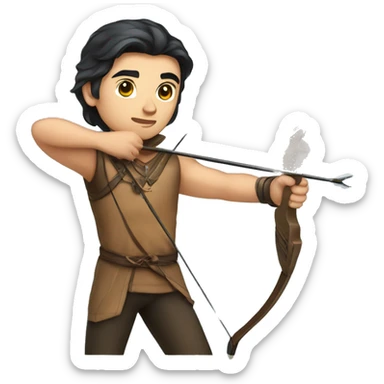 a male archer aiming with a bow in his hand but no arrow, dark hair, bright skin, sticker