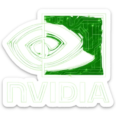 Transform the NVidia logo into a cyberpunk, holographic style with glowing neon green edges and intricate circuit patterns throughout the entire icon. Maintain the recognizable NVidia eye shape and keep the main color green, overlaying neon and circuit effects in a futuristic, clean cyberpunk style. The whole icon should have a consistent cyberpunk glow and detailed circuit elements on a transparent background, inspired by previous cyberpunk icons. sticker