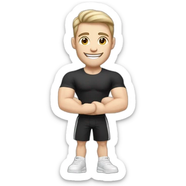 Joyful Celebrating victory Pale skinned Fit Man With the biceps and dark brown hair in black shirt, gray sports shorts and white Sneakers sticker