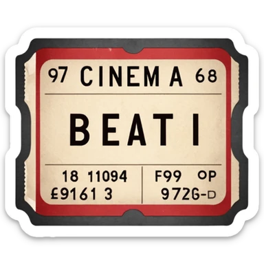 Minimalist emoji-style sticker of an old torn cinema ticket, with faded text “1 билет”, blood-stained edges and burn holes, grayscale paper

 sticker