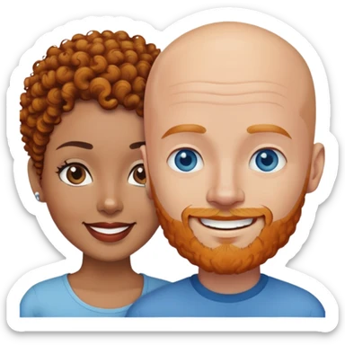 Light brown skin woman with short curly black hair and bald white man with blue eyes and ginger beard couple sticker